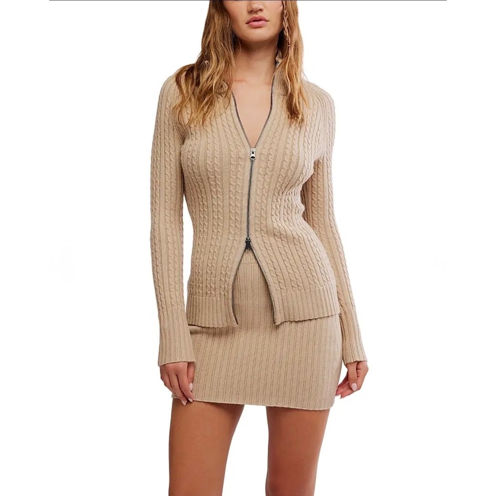 Free People Eliza Cable Knit Sweater New NWT Tan Zipper cardigan classic